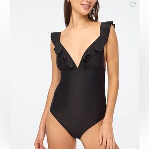 NWT J Crew Ruffle-shoulder V-neck one-piece black swimsuit large